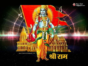 Lord Ram with Bow and Arrow Standing Before the Golden Ram Mandir Temple HD wallpaper