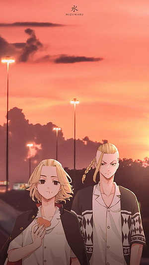 Mikey and Draken from Tokyo Revengers anime characters standing together at sunset HD phone wallpaper