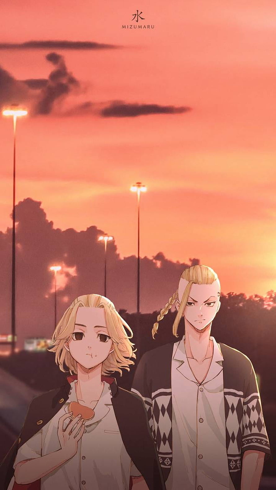 Mikey and Draken from Tokyo Revengers anime characters standing together at sunset HD phone wallpaper