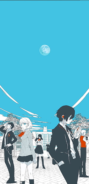 Persona 5 Royal anime characters in school uniforms under a blue sky with moon HD phone wallpaper