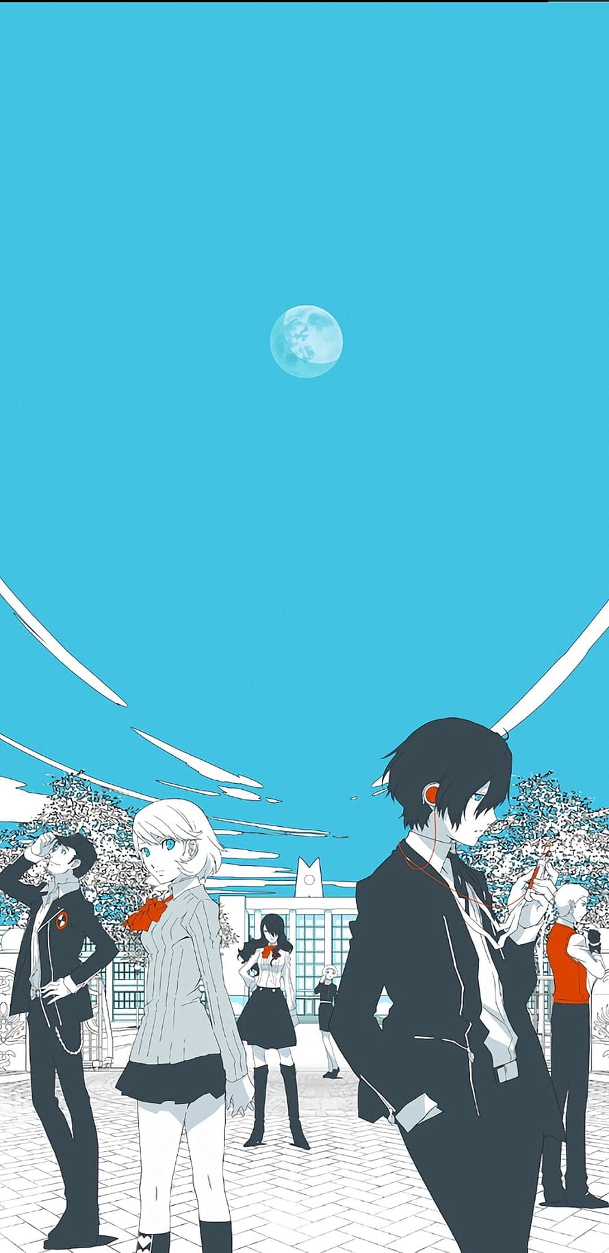 Persona 5 Royal anime characters in school uniforms under a blue sky with moon HD phone wallpaper