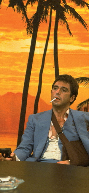 Scarface Movie Scene with Tony Montana Smoking at Sunset with Palm Trees HD phone wallpaper