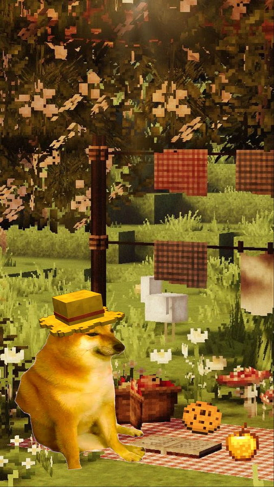 Cheems Dog Wearing Straw Hat in Cozy Minecraft Farm Picnic Scene HD phone wallpaper
