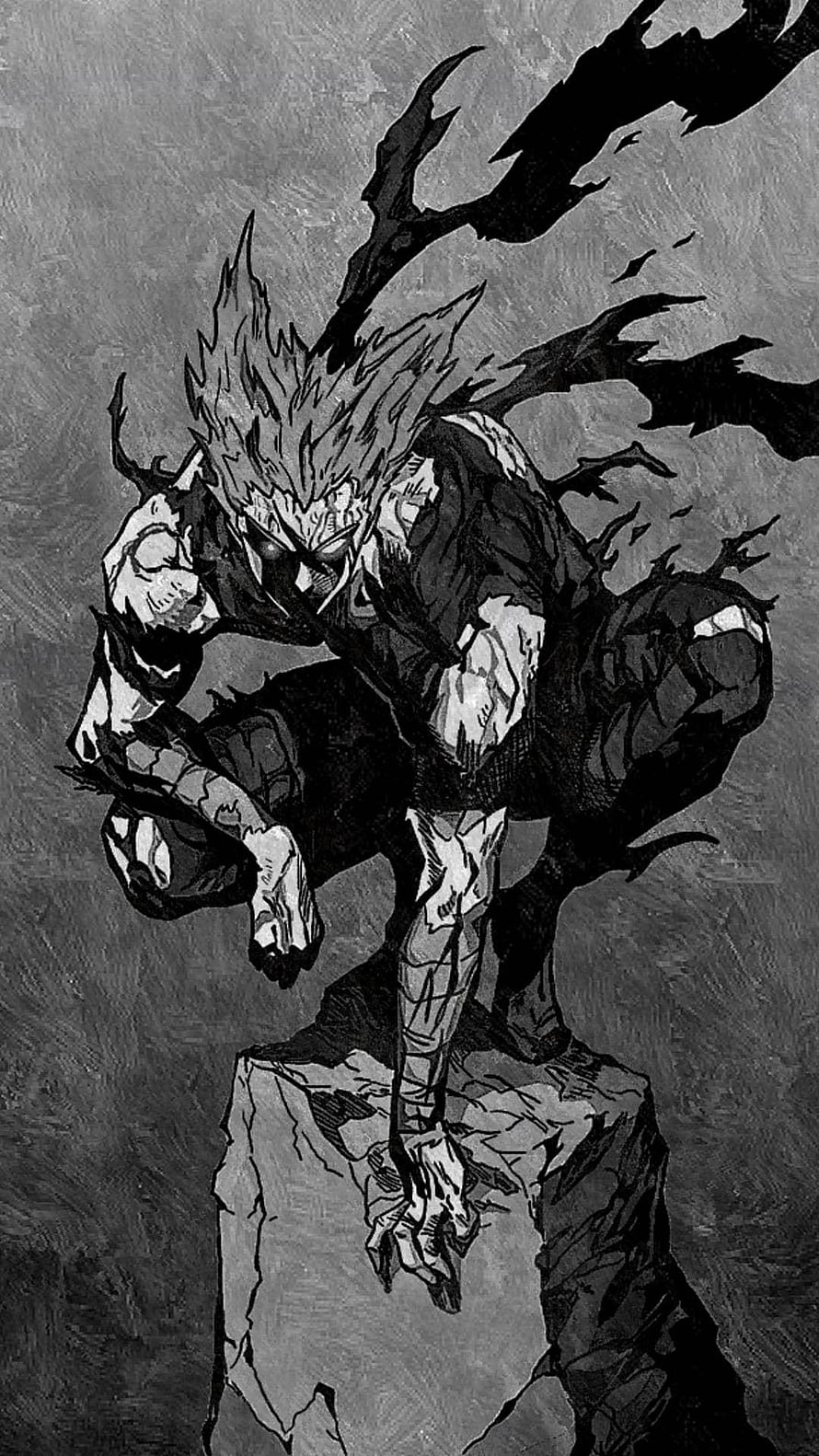 Dark Anime Character Crouching on Rock with Shadowy Energy HD phone wallpaper