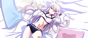 Anime girl with long silver hair lying on a bed in a white crop top and dark shorts HD wallpaper