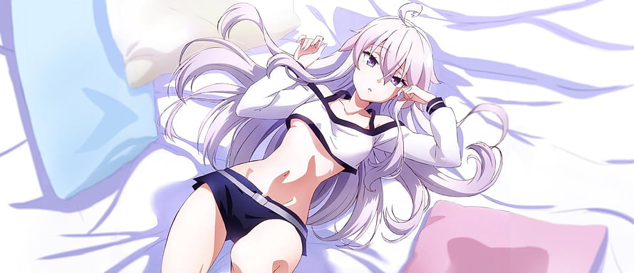 Anime girl with long silver hair lying on a bed in a white crop top and dark shorts HD wallpaper