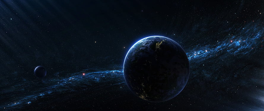 Distant Earth and Moon in Deep Space with Blue Nebula and Starfield HD wallpaper