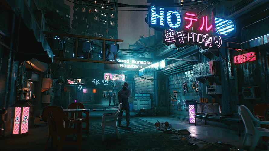 Cyberpunk 2077 Night City Alley with Neon Signs and Rainy Atmosphere HD wallpaper