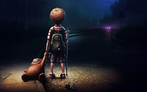 Lonely Boy Standing on Dark Road with Teddy Bear and Backpack HD wallpaper