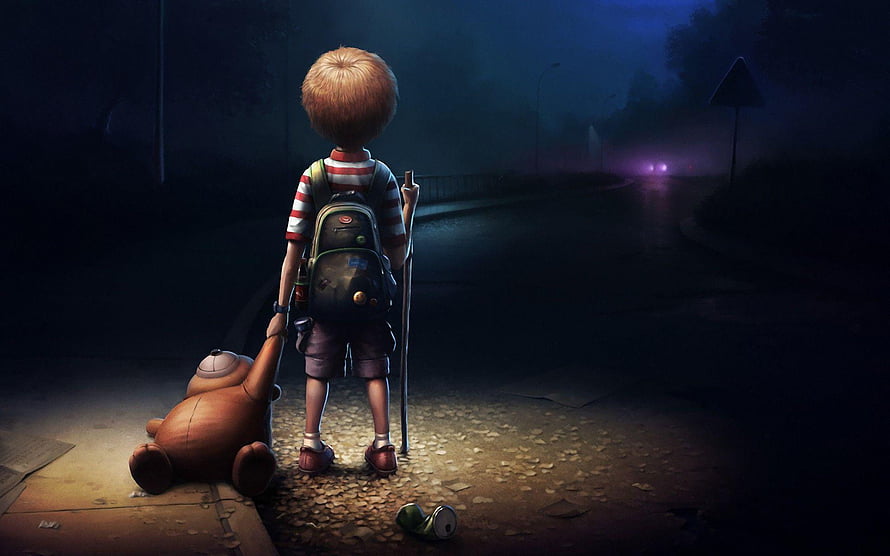 Lonely Boy Standing on Dark Road with Teddy Bear and Backpack HD wallpaper