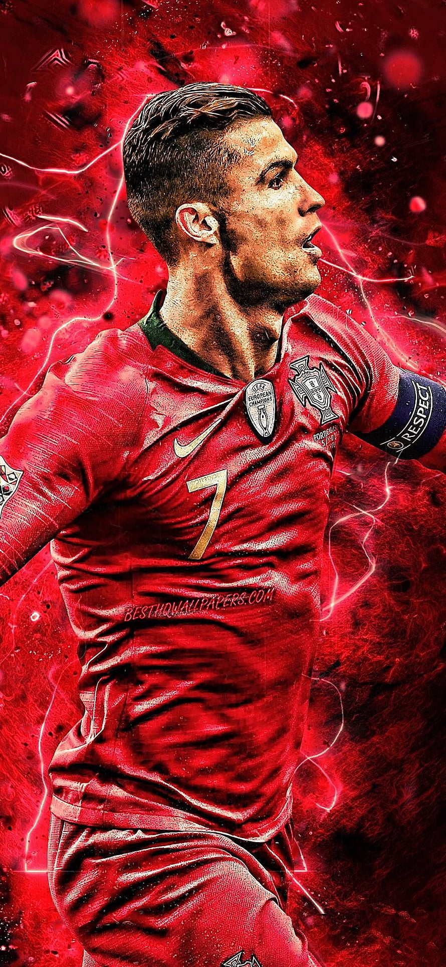 Cristiano Ronaldo in Portugal National Team Kit with Dramatic Red Lightning Background HD phone wallpaper