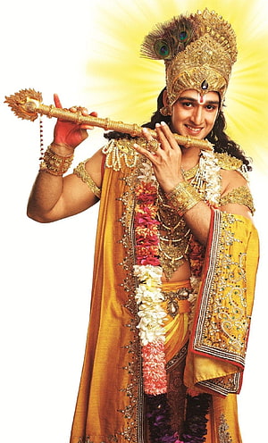 Lord Krishna Playing Flute With Peacock Feather Crown And Golden Jewelry HD phone wallpaper