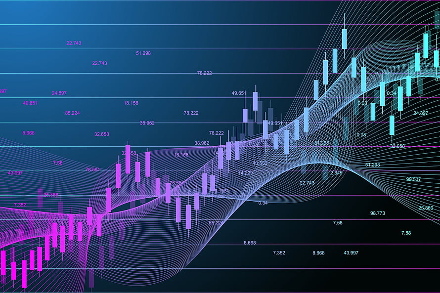 Abstract Financial Market Candlestick Chart with Neon Wave Overlay HD wallpaper