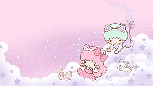 Cute Kawaii Girls and Cats on Clouds with Stars and Sparkles HD wallpaper