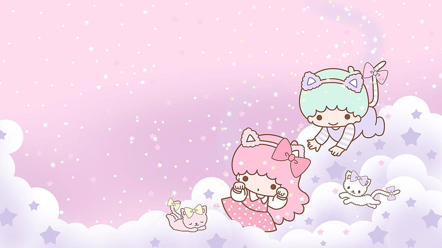Cute Kawaii Girls and Cats on Clouds with Stars and Sparkles HD wallpaper