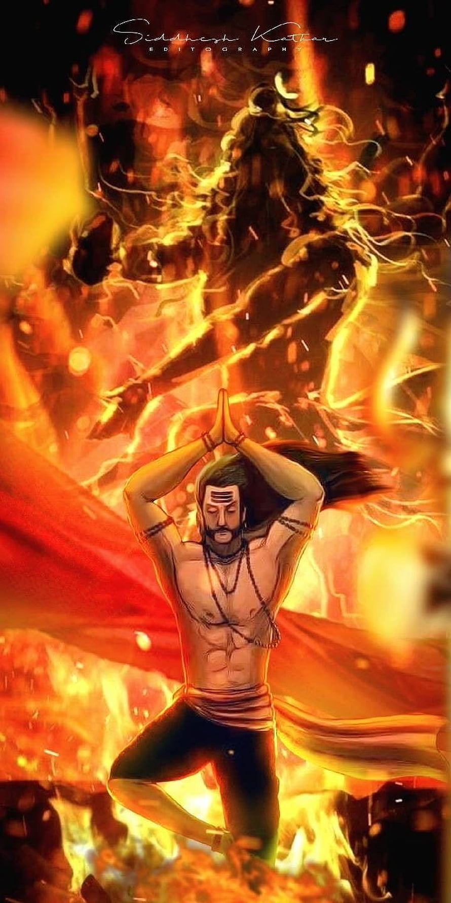 Mahakal Shiva in fiery meditation with trident and Rudraksha beads HD phone wallpaper