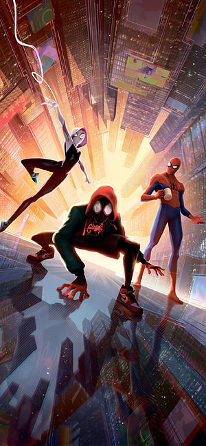 Spider-Man, Miles Morales, and Gwen Stacy swinging through a vibrant cityscape in animated style, spiderman into the spider verse new new SE, spider man into the spider verse HD phone wallpaper