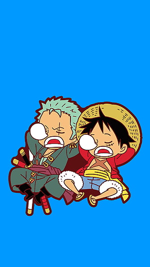 One Piece Chibi Luffy and Zoro Crying Together on Blue Background HD phone wallpaper