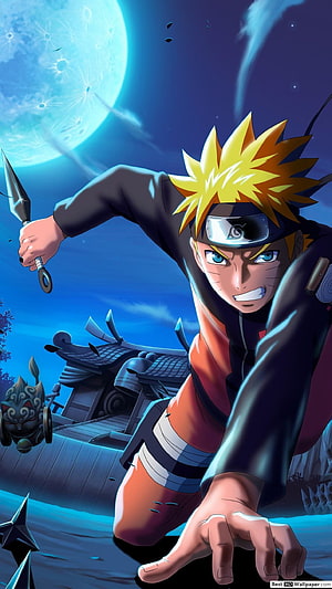 Naruto Uzumaki in Action with Kunai Under a Glowing Moon HD phone wallpaper