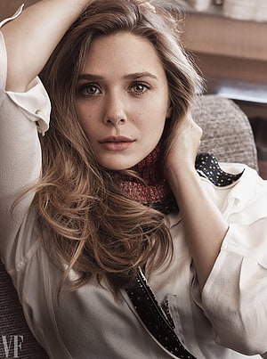 Elizabeth Olsen Editorial Portrait in White Blouse and Patterned Scarf HD phone wallpaper
