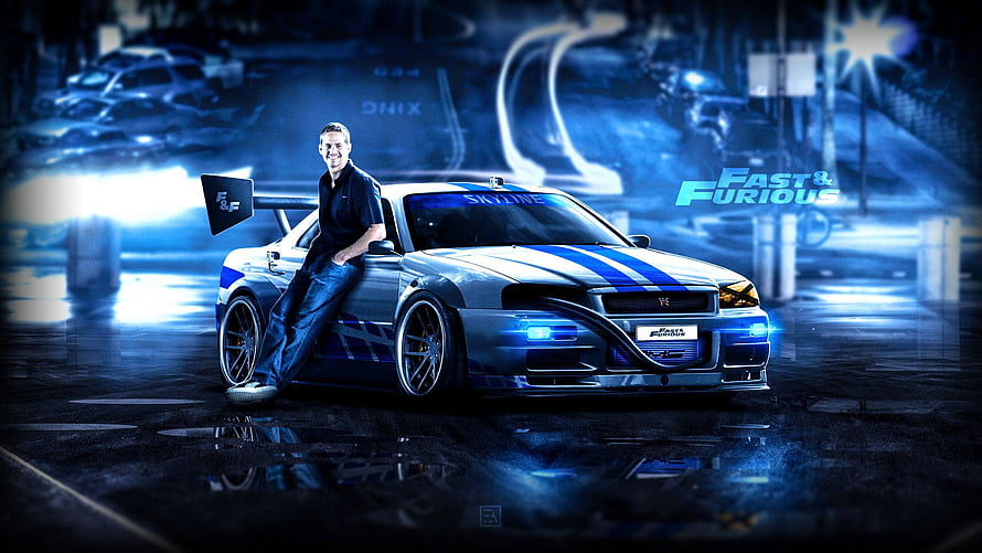 Paul Walker leaning on white Nissan Skyline GT-R from Fast and Furious movie franchise HD wallpaper