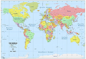 Detailed Political World Map Showing Countries, Oceans, and Continents in Color HD wallpaper
