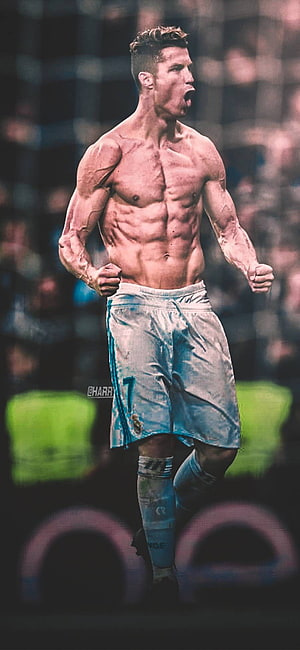 Cristiano Ronaldo Shirtless Celebration Portrait in Blue Shorts HD phone wallpaper