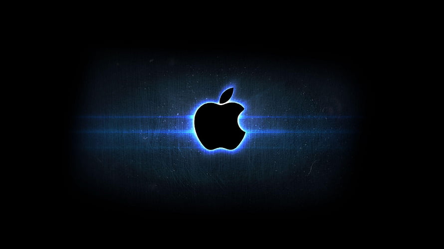 Apple Logo with Blue Neon Glow and Lens Flare on Dark Background HD wallpaper