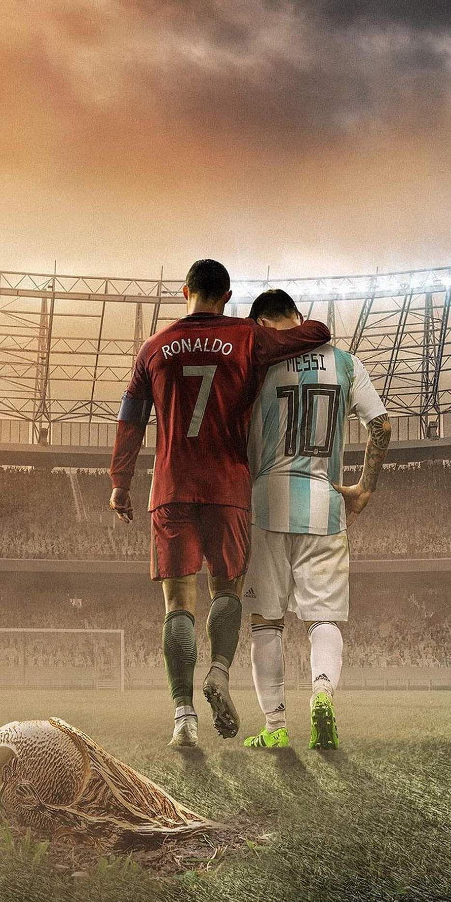 Cristiano Ronaldo and Lionel Messi Walking Together on Football Pitch HD phone wallpaper