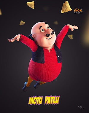 Motu Patlu 3D Character Poster with Floating Snacks on Dark Background HD phone wallpaper