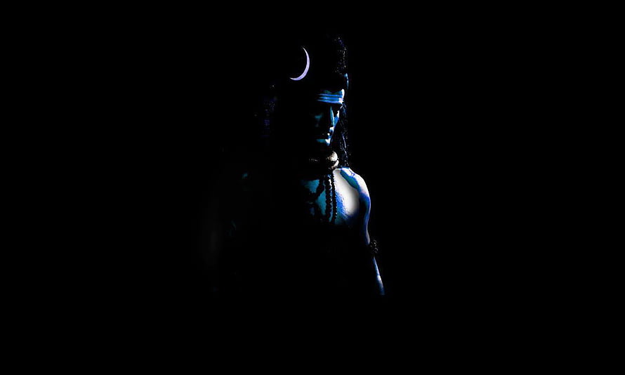 Mysterious Blue Skinned Hindu Deity Shiva With Crescent Moon In Dark Shadows HD wallpaper