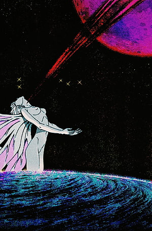 Winged Angel Gazing at Purple Planet in Retro Sci-Fi Space Art HD phone wallpaper