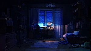 Lofi Night Room with Rainy Window and Glowing Computer Desk HD wallpaper