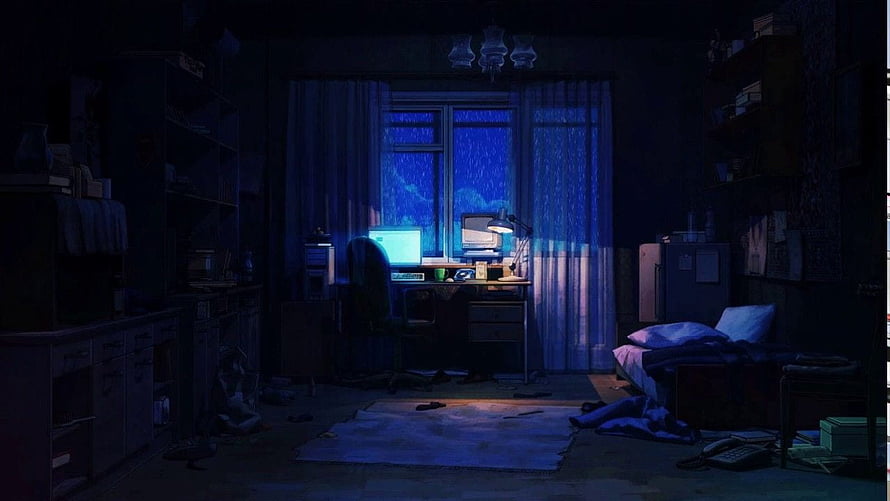 Lofi Night Room with Rainy Window and Glowing Computer Desk HD wallpaper