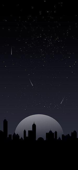 Minimalist Night Sky With Shooting Stars Over City Silhouette HD phone wallpaper