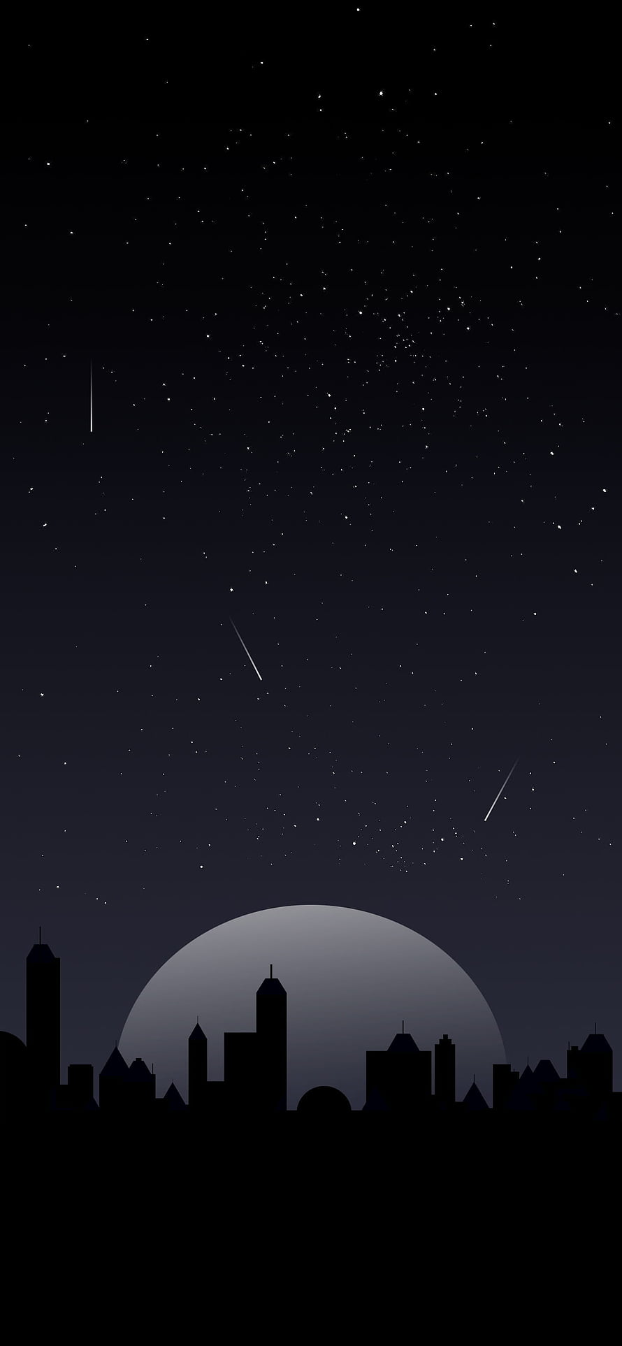 Minimalist Night Sky With Shooting Stars Over City Silhouette HD phone wallpaper