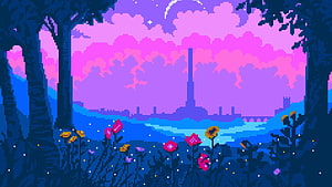 Pixel Art Landscape With Pink Sky, Distant Factory Silhouette, And Colorful Wildflowers HD wallpaper