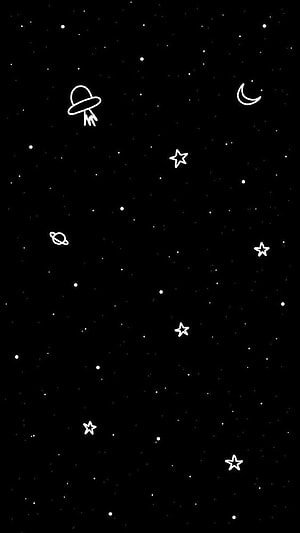 Minimalist Black Space Wallpaper With White Stars, Moon, Planet, and UFO Line Art HD phone wallpaper