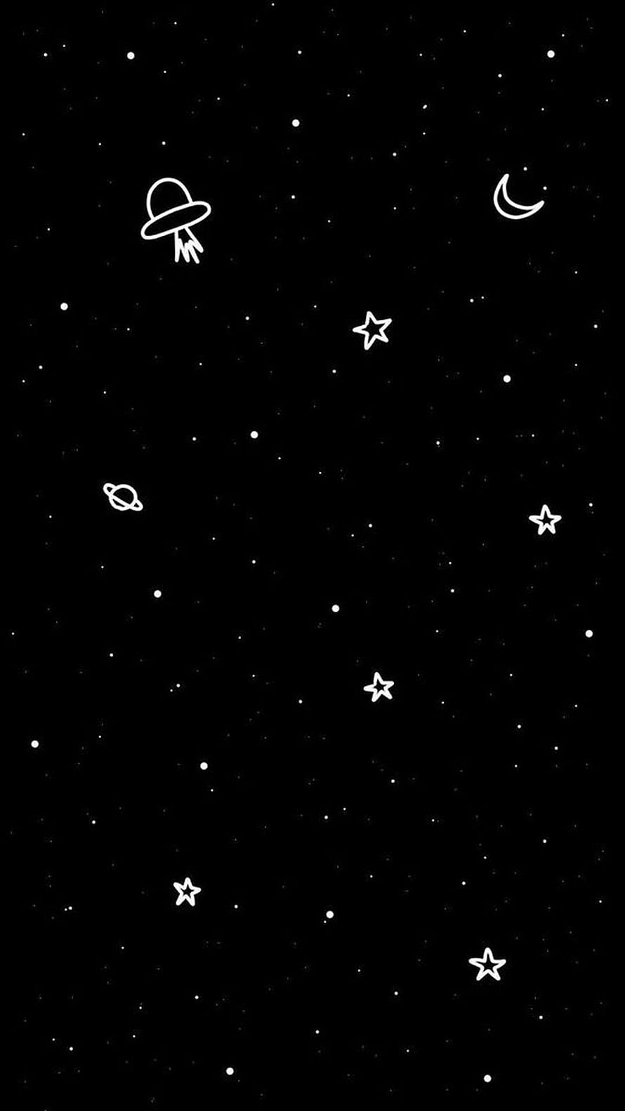 Minimalist Black Space Wallpaper With White Stars, Moon, Planet, and UFO Line Art HD phone wallpaper