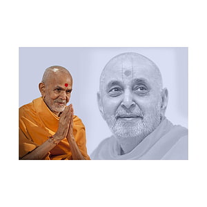 Pramukh Swami Maharaj and Mahant Swami Maharaj Portrait in Orange Saffron Robes HD phone wallpaper