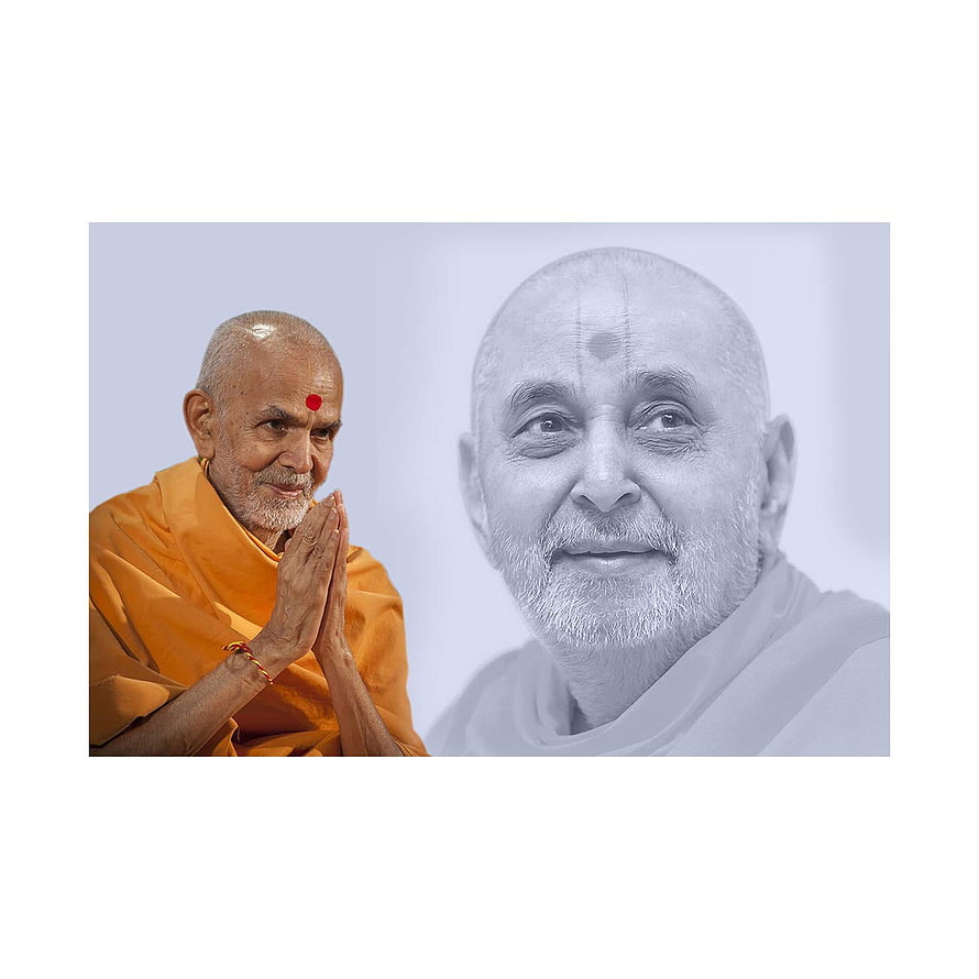 Pramukh Swami Maharaj and Mahant Swami Maharaj Portrait in Orange Saffron Robes HD phone wallpaper