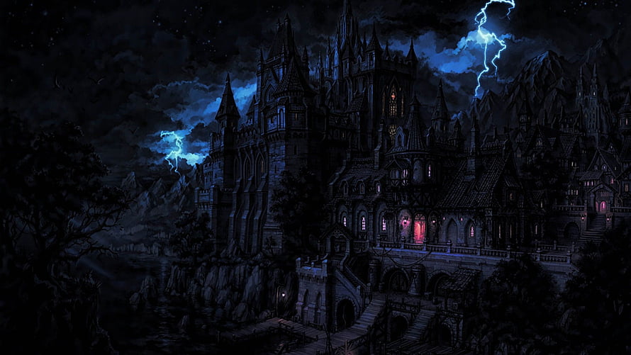 Dark Gothic Castle on a Cliff Under a Thunderstorm at Night HD wallpaper