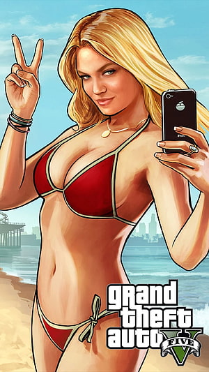Grand Theft Auto V Blonde Woman in Red Bikini Taking a Selfie on the Beach, GTA 5 Blonde Beach, grand theft auto women HD phone wallpaper