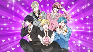 Sasaki and Miyano Anime Characters Group Photo with Pink Background HD wallpaper