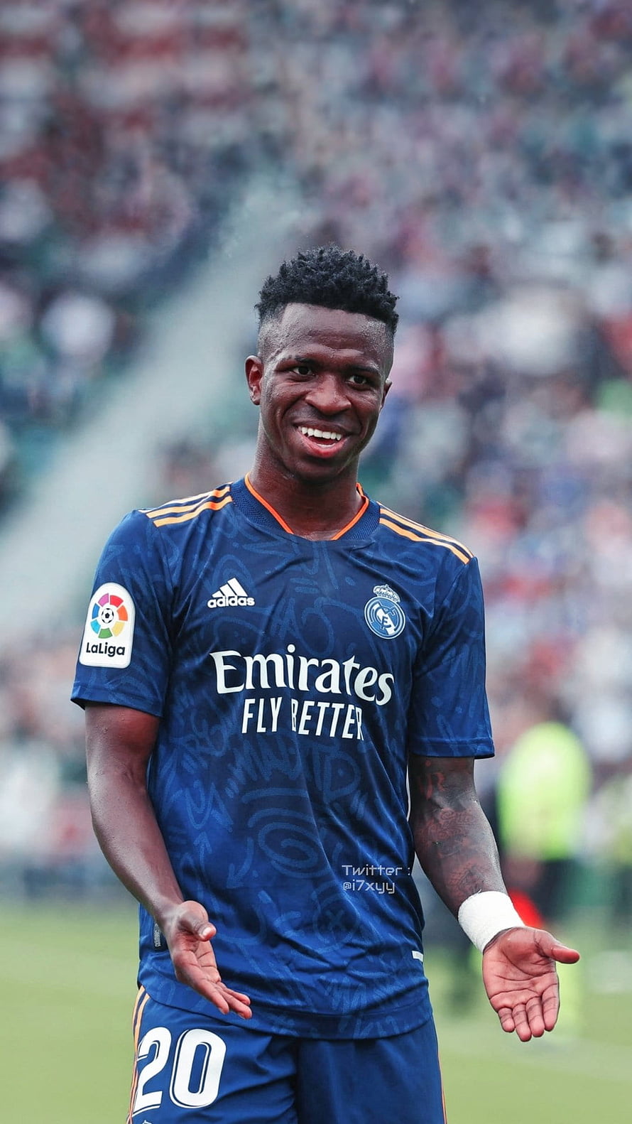 Vinicius Jr Smiling in Real Madrid Blue Away Kit with Emirates Sponsor HD phone wallpaper