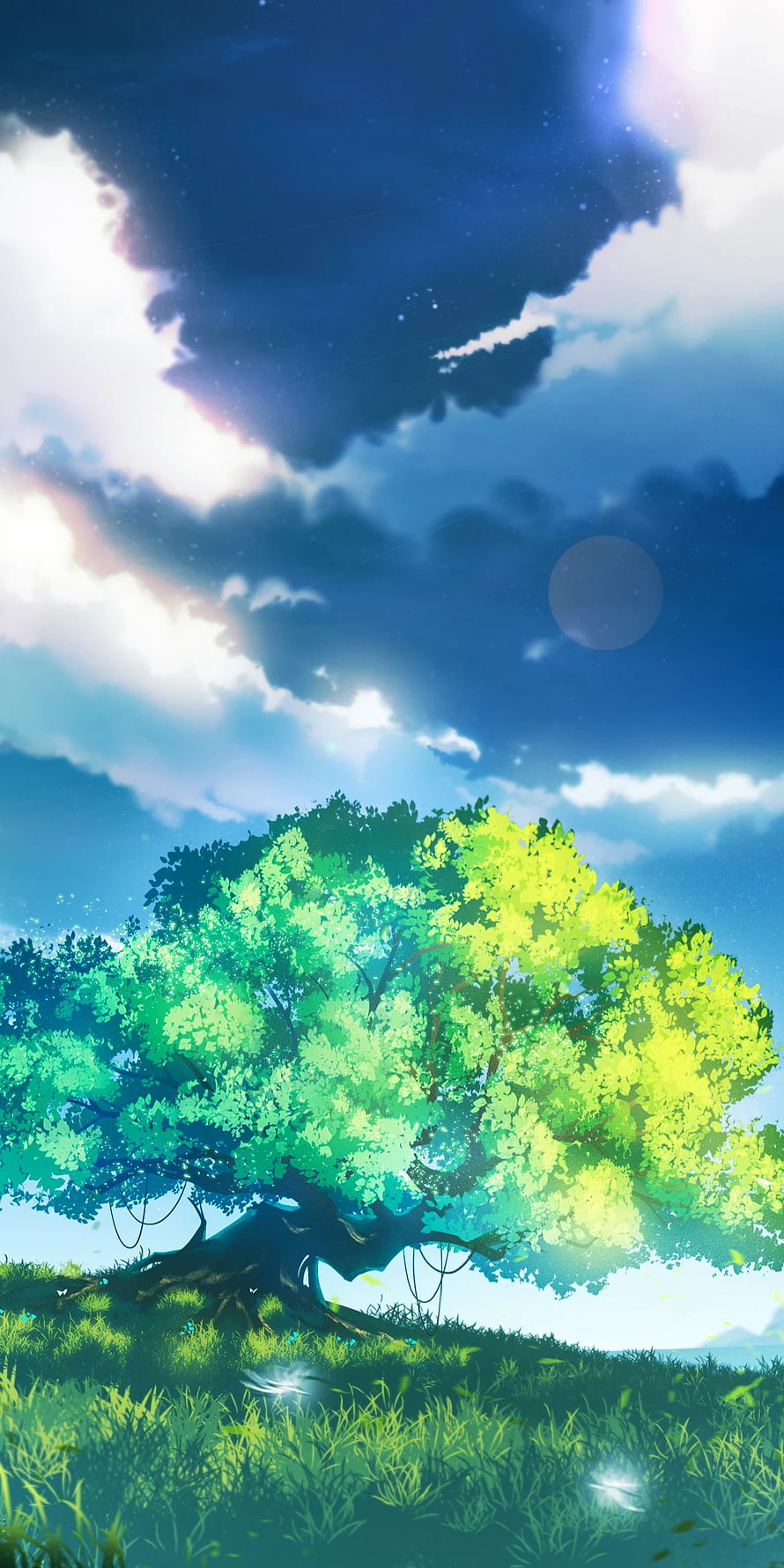 Genshin Impact Spring Landscape with Lush Tree and Dramatic Cloudy Sky HD phone wallpaper