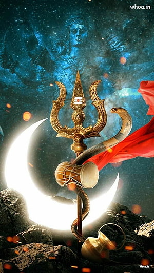 Lord Shiva Trishul Wallpaper With Crescent Moon, Snake, and Cosmic Background HD phone wallpaper