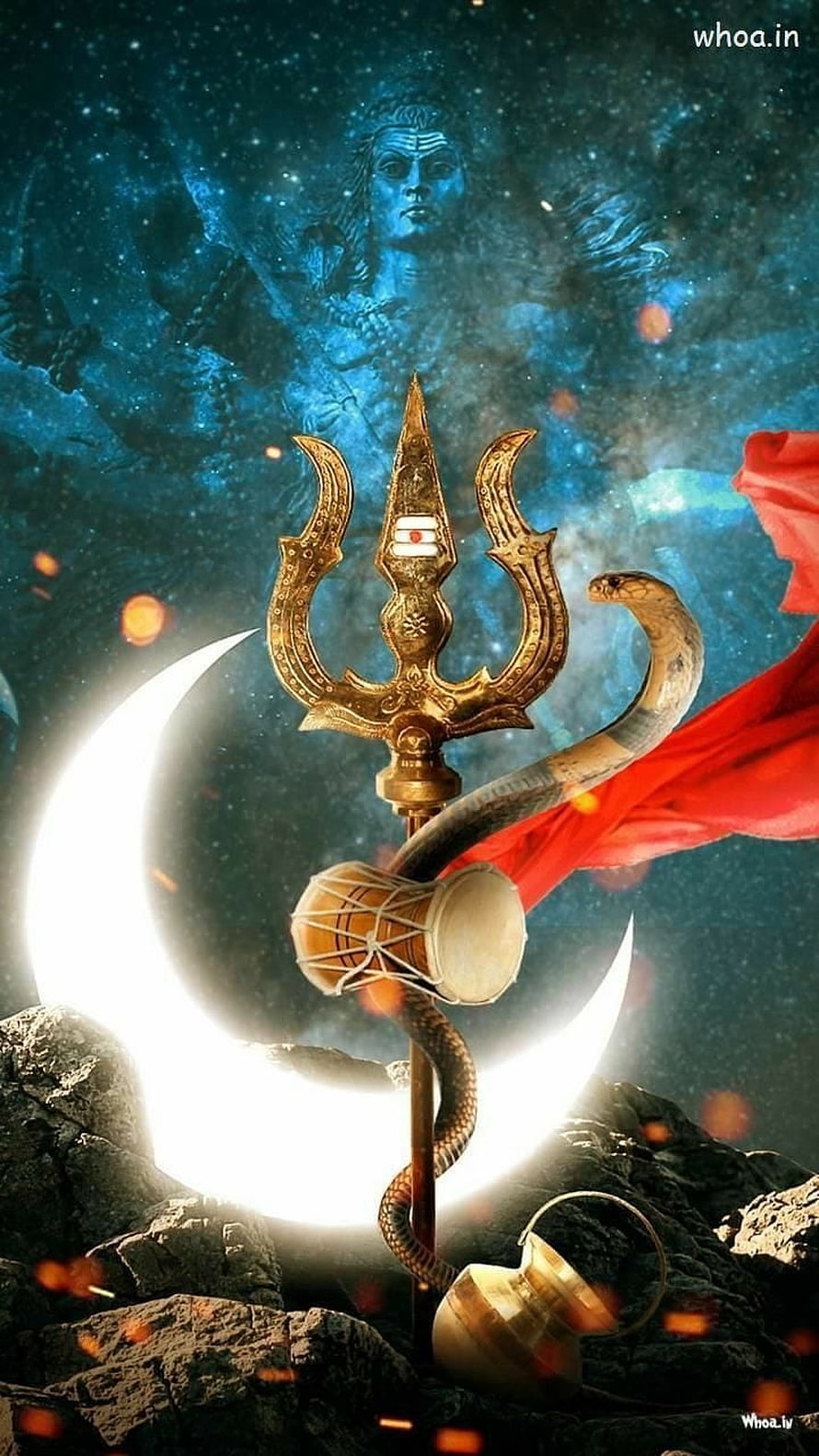 Lord Shiva Trishul Wallpaper With Crescent Moon, Snake, and Cosmic Background HD phone wallpaper