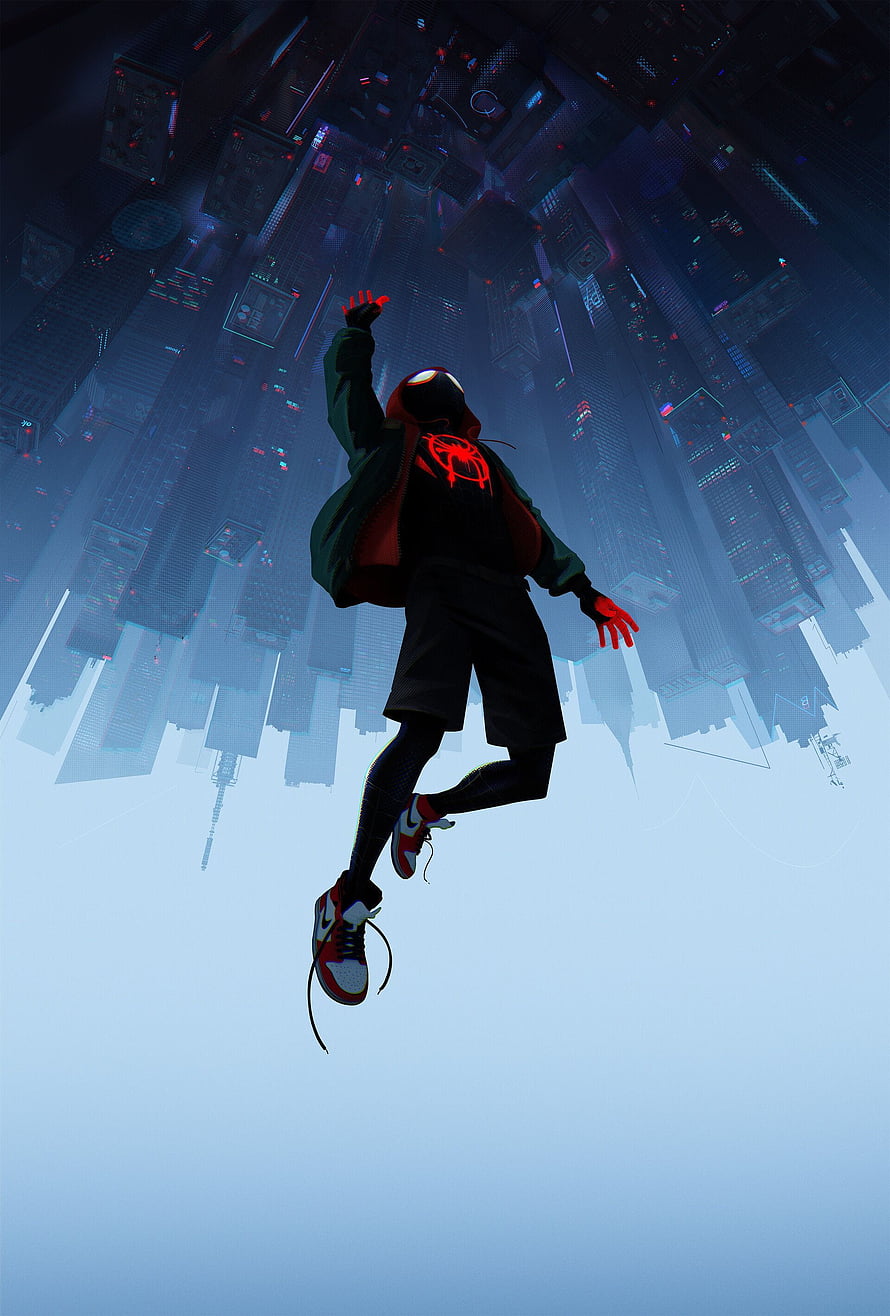Miles Morales Spider-Man in Spider-Verse Style Leaping Over a Futuristic Cyberpunk City, Spider verse, Miles morales spiderman ...pinterest, spider man air jordan HD phone wallpaper