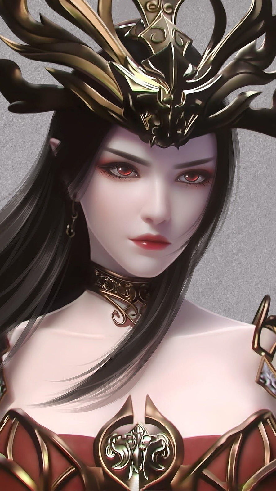 Fantasy female warrior with golden crown and red eyes HD phone wallpaper